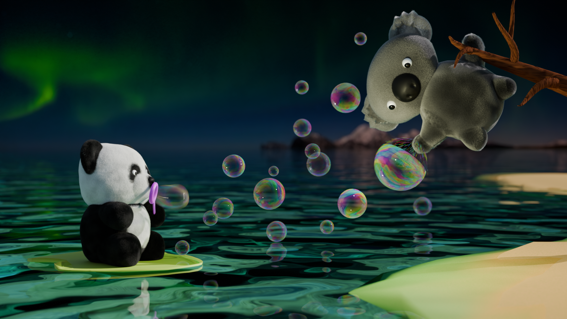 panda and koala playing with bubbles